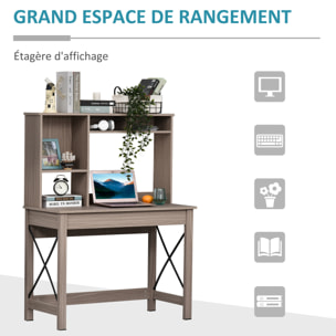 Bureau bibliothèque 2 en 1 - 3 niches 4 espaces de rangement - panneaux particules aspect bois marron clair métal noir