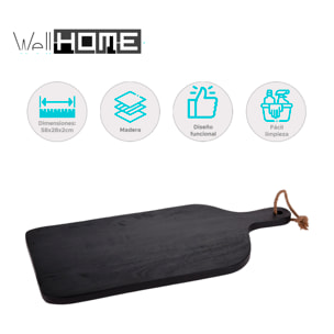 Tabla de cortar de madera de caucho con mango y color negro 58x28x2cm