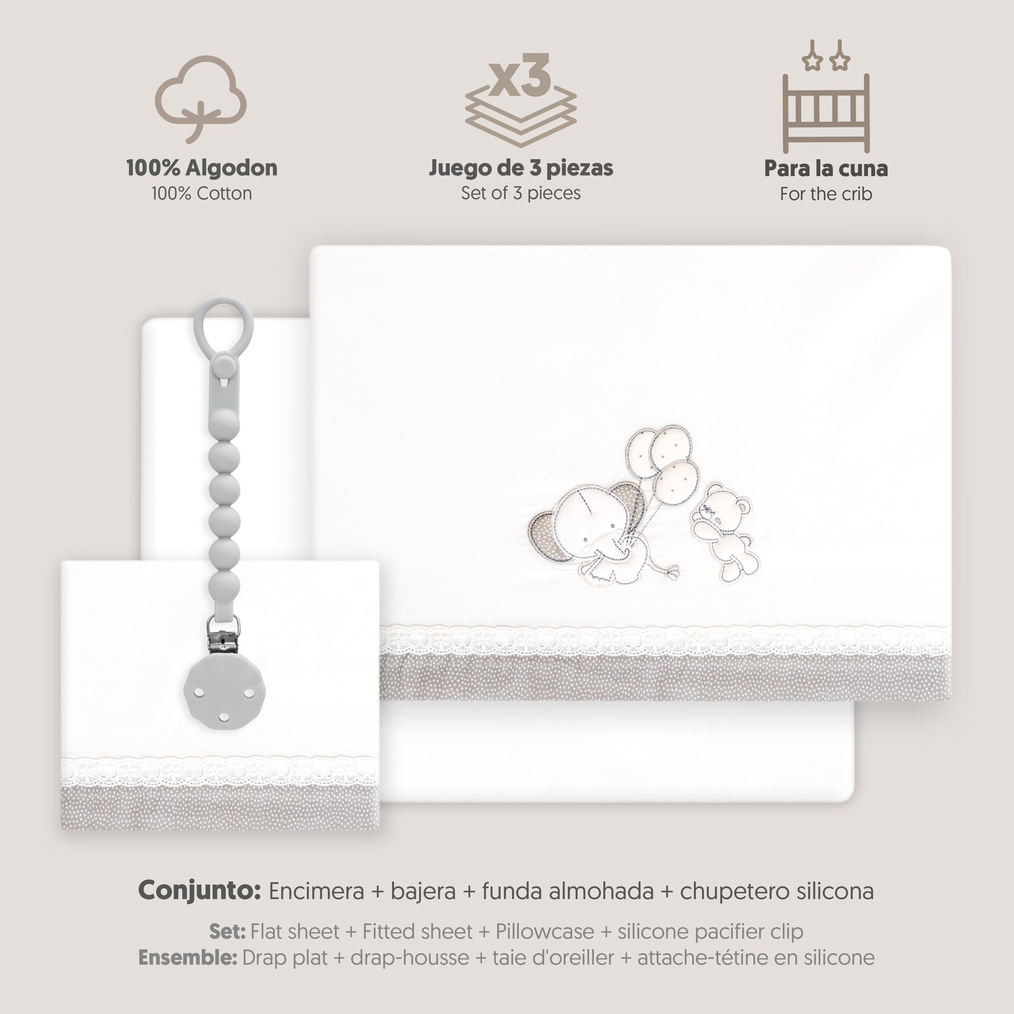 Triptico Cuna Pasacinta Oso Elefante Globos +Broche Bco/Gris