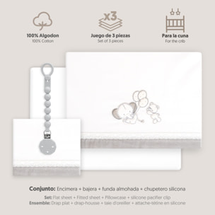 Triptico Cuna Pasacinta Oso Elefante Globos +Broche Bco/Gris