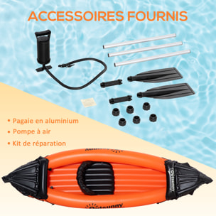 Canoé kayak gonflable 1 personne - gonfleur et rame en aluminium inclus - PVC orange noir