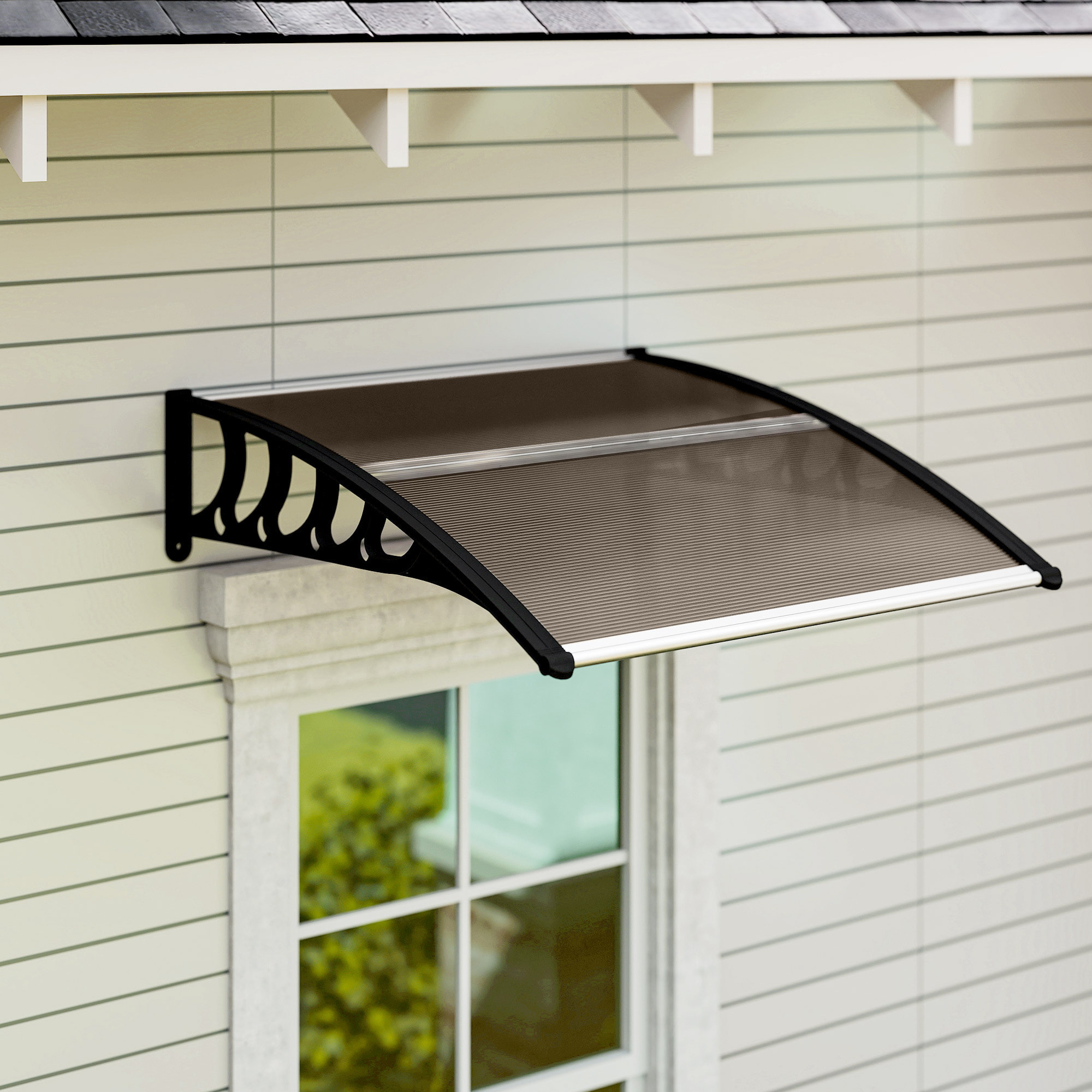 Auvent marquise de porte design voûté arrondi dim. 103x96x27cm alu polycarbonate fumé plastique noir