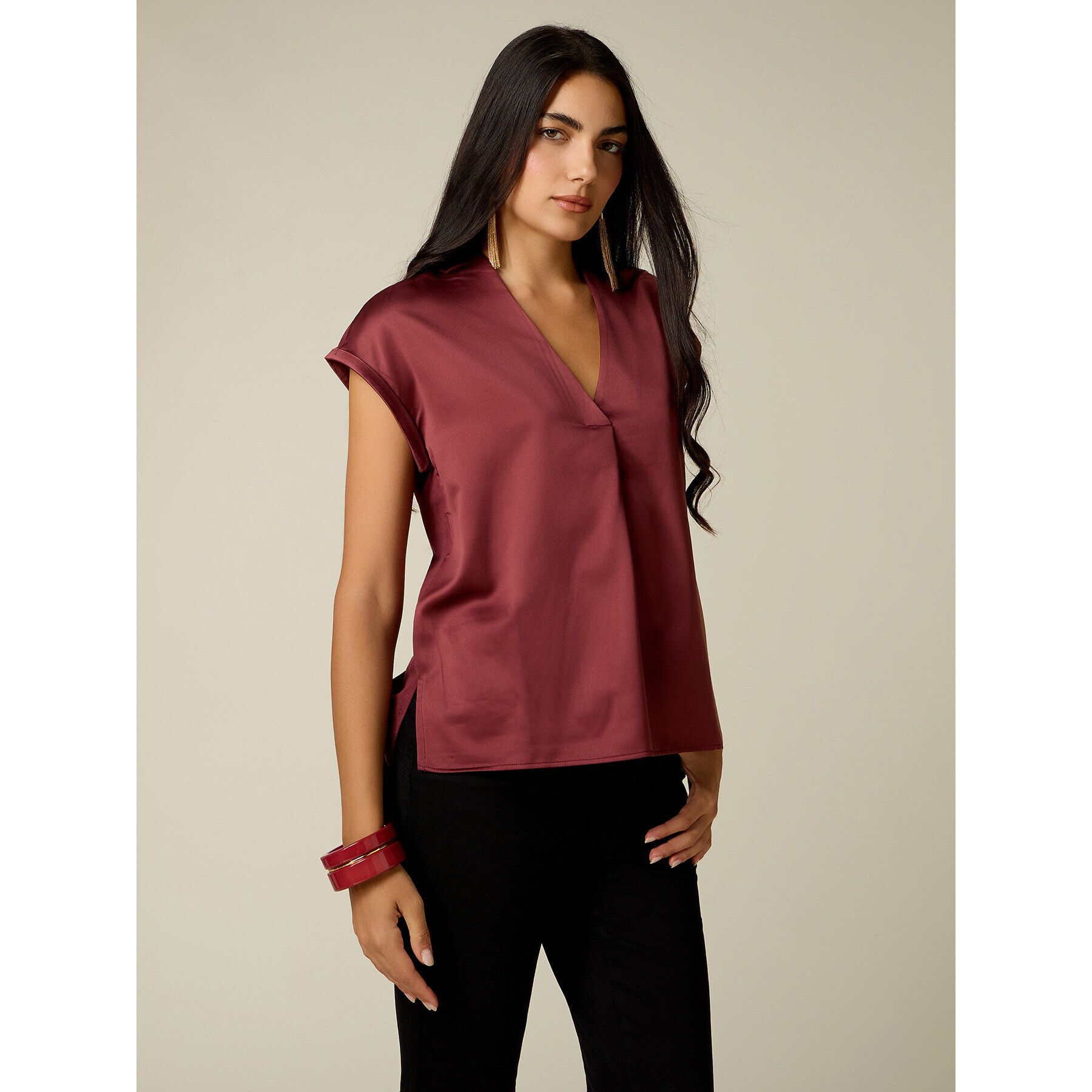 Oltre - T-shirt bimaterica scollo a V - Bordeaux