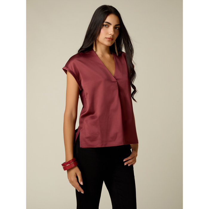 Oltre - T-shirt bimaterica scollo a V - Bordeaux