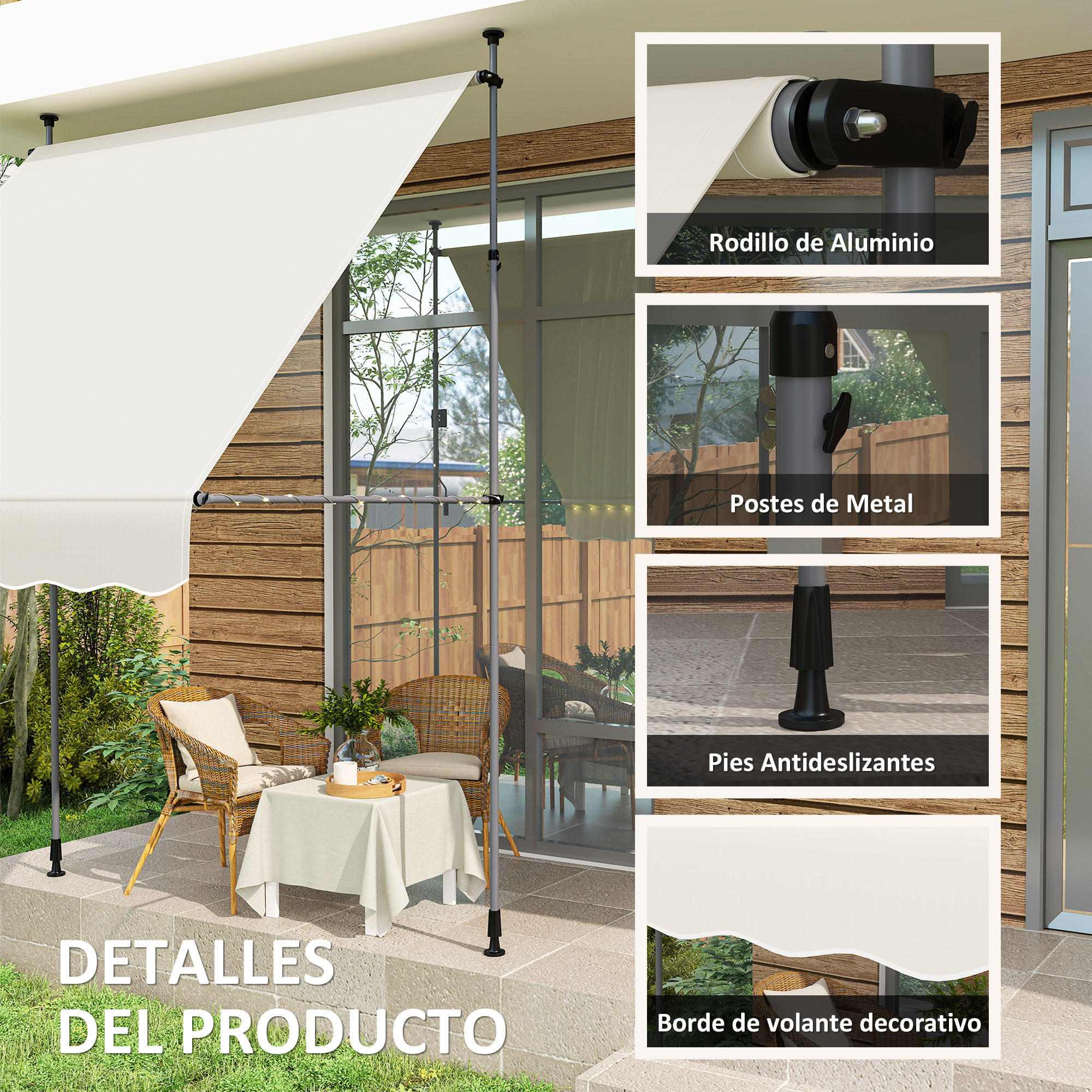 Toldo Manual Retráctil 2x1,2 m Toldo Exterior Terraza Enrollable Altura Ajustable con Manivela 210-310 cm Protección UV30+ Sin Taladro para Jardín Balcón Patio Crema