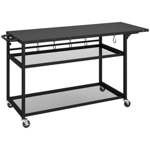 Desserte jardin métal 2 étagères mailles plateau à tablette latérale pliable noir