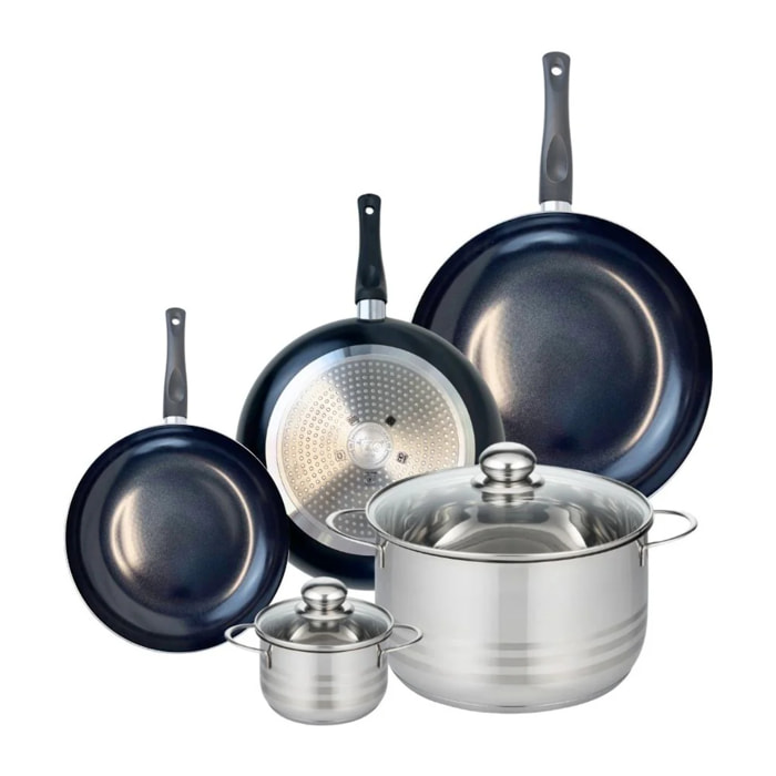 Ensemble de 3 Poêles de cuisson 20, 24 et 28 cm et 2 faitouts 12 et 24 cm Elo Prima Brillant