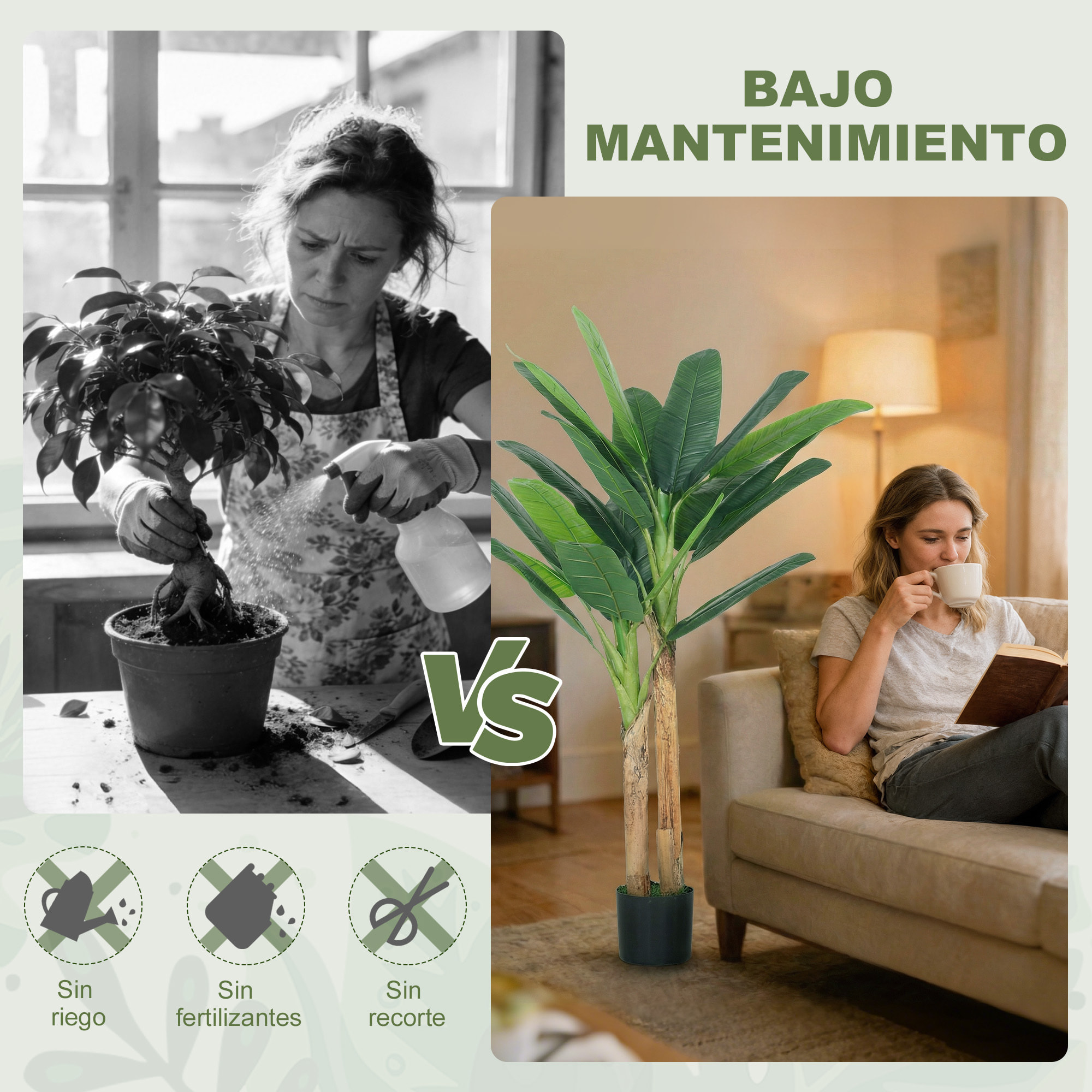 Árbol de Plátano Artificial 150 cm, Planta Artificial Decorativa con Maceta y 2 Troncos, para Decoración del Interior, Hogar, Oficina, Salón, Verde