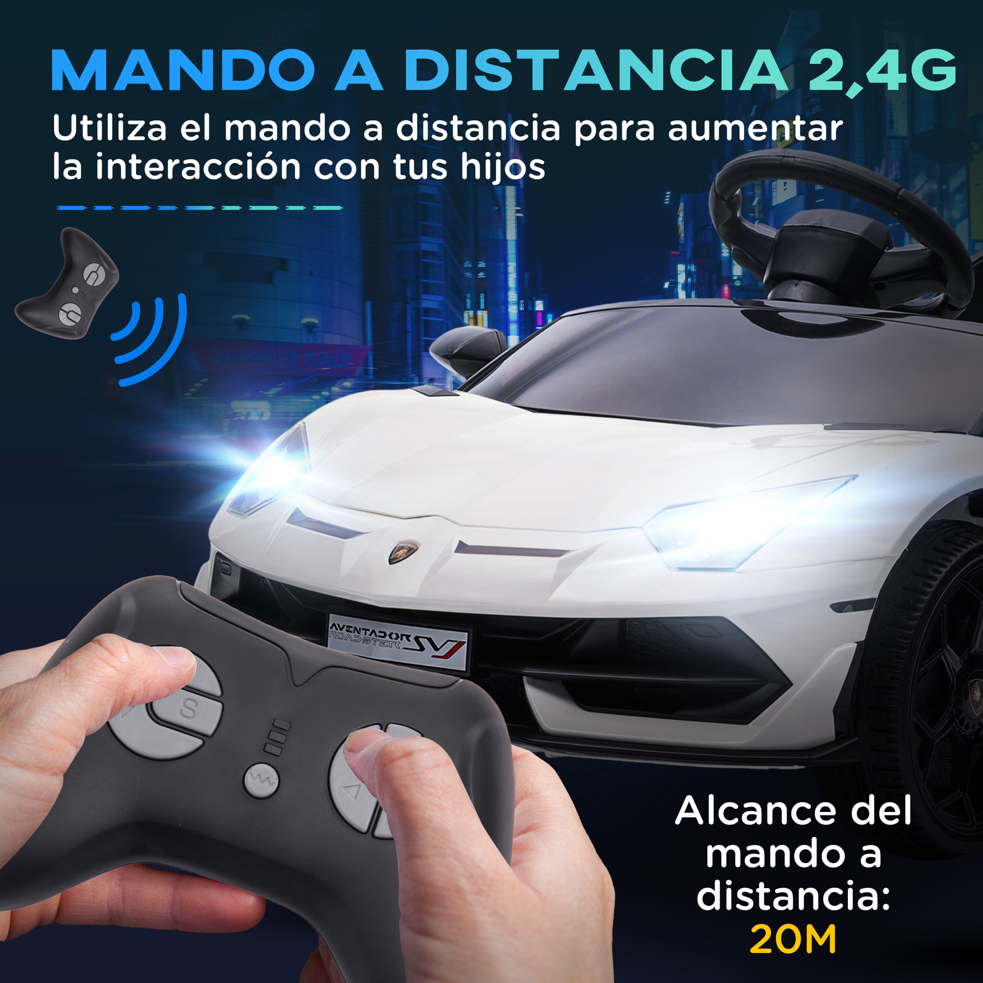 Coche Eléctrico Lamborghini para Niños Coche de Batería 12V Velocidad Max.5 km/h Puerta de Tijera con Control Remoto MP3 Luces y Cinturón de Seguridad Blanco