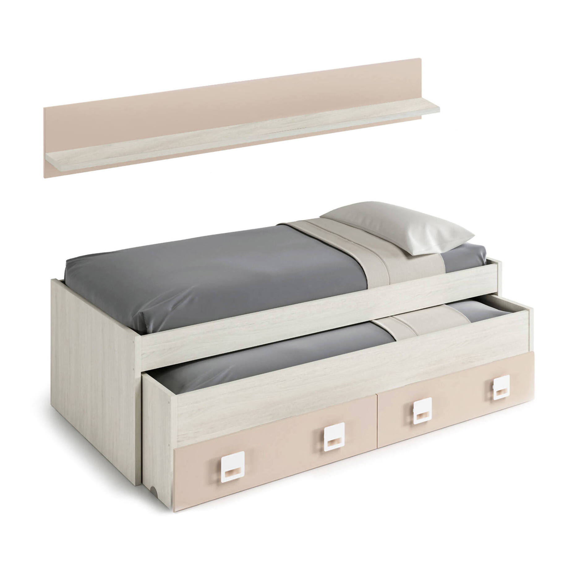 Letto singolo Fairfield, Struttura letto per cameretta, Letto singolo con lettino estraibile e 2 cassetti e mensola, cm 199x96h65, Bianco e Rosa