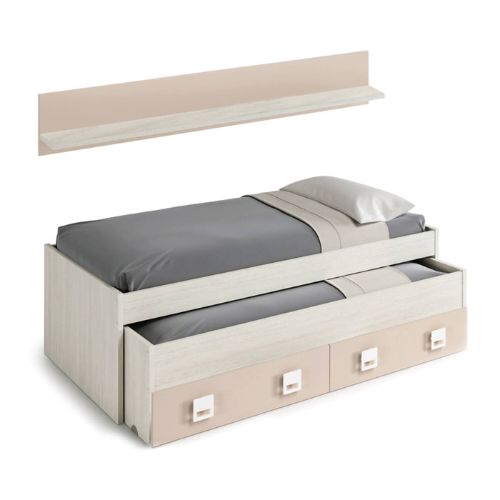 Letto singolo Fairfield, Struttura letto per cameretta, Letto singolo con lettino estraibile e 2 cassetti e mensola, cm 199x96h65, Bianco e Rosa