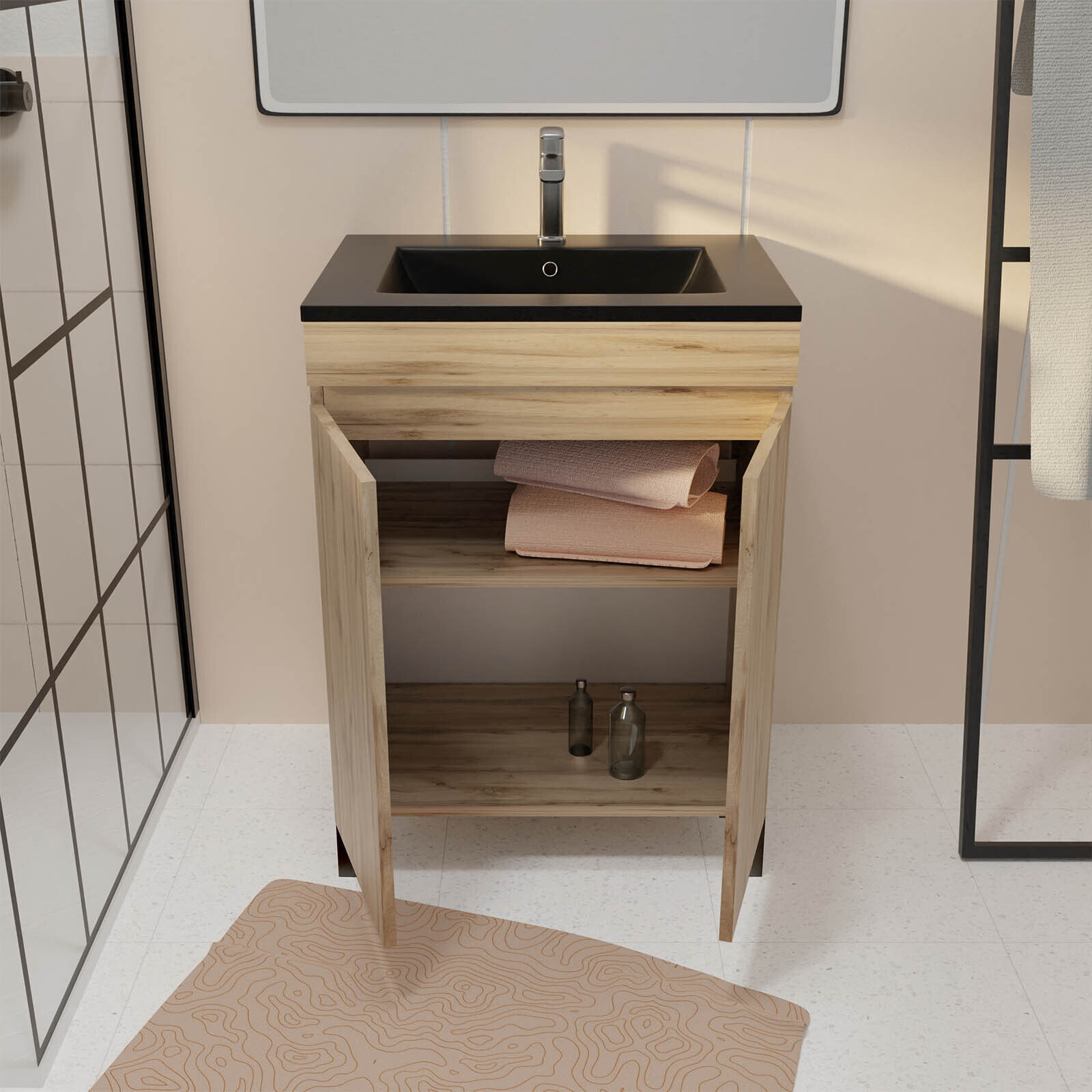 Pack Meuble Salle de Bains 60cm Chêne Naturel 2 Portes avec Vasque Céramique Noire - TIMBER