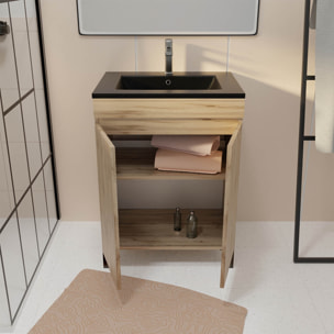Pack Meuble Salle de Bains 60cm Chêne Naturel 2 Portes avec Vasque Céramique Noire - TIMBER