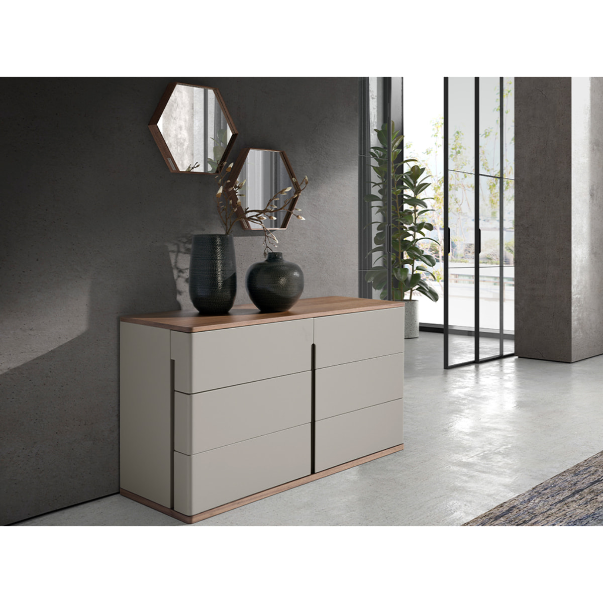 Cómoda Angel Cerdá con estructura de madera de MDF en gris y una original base de madera chapada en nogal 135x48x76cm