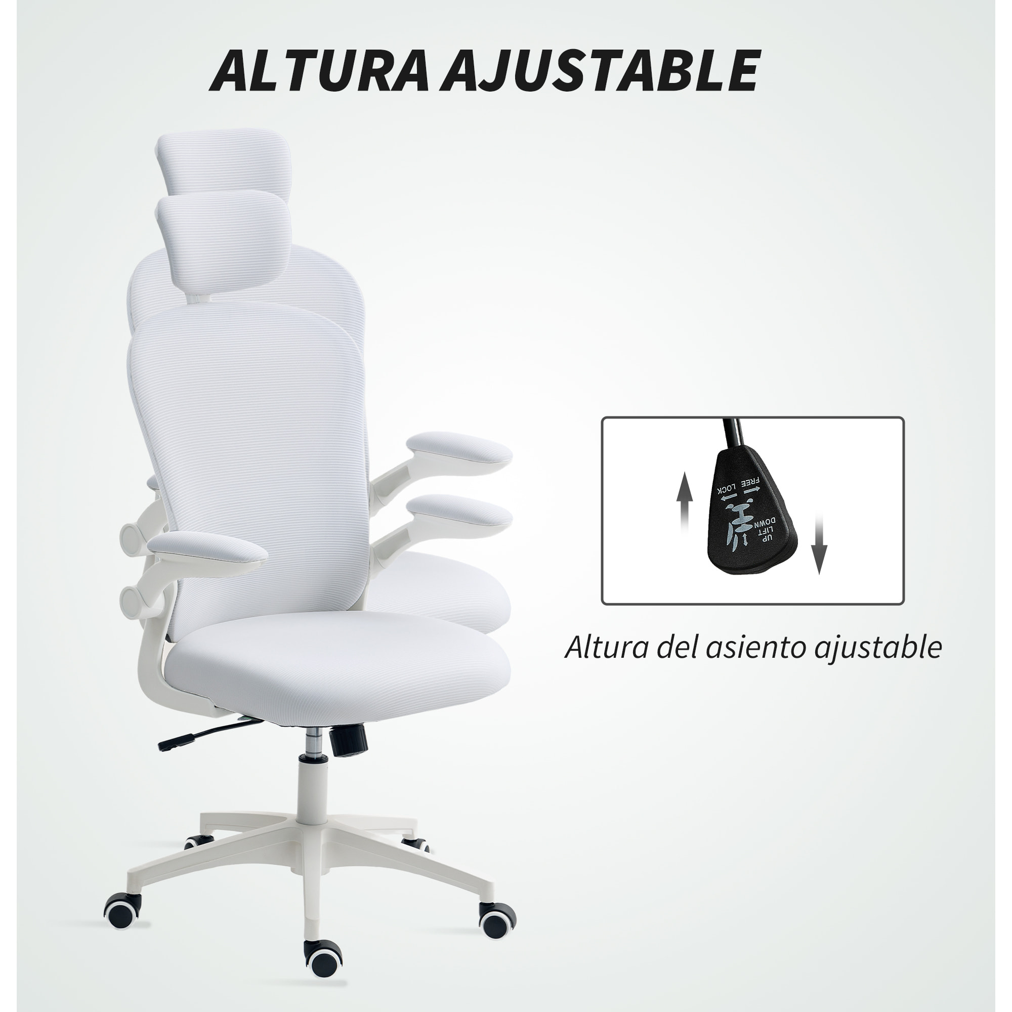 Silla de Oficina de Malla, Silla de Escritorio Giratoria con Función Basculante, Respaldo Alto, Reposacabezas Ajustable, Soporte Lumbar 4D, Brazo Abatible, Altura Ajustable, Blanco