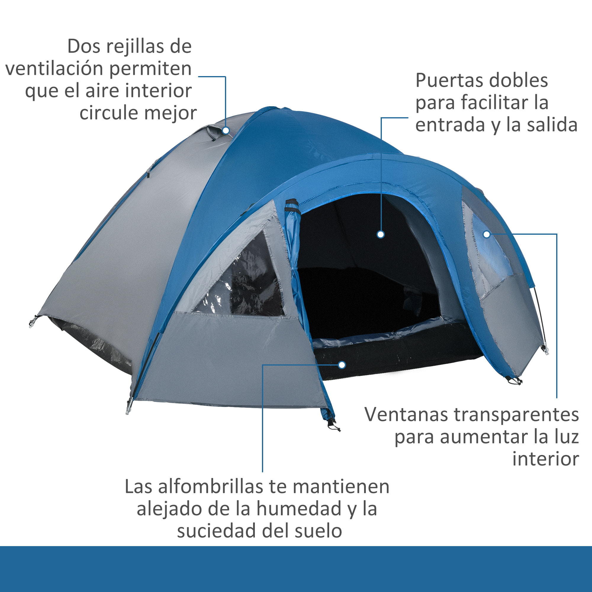 Tienda de Campaña para 3 Personas Tienda de Camping Doble Capa con Ventanas 2 Bolsillos y Bolsa de Transporte 250x300x130 cm Gris y Azul