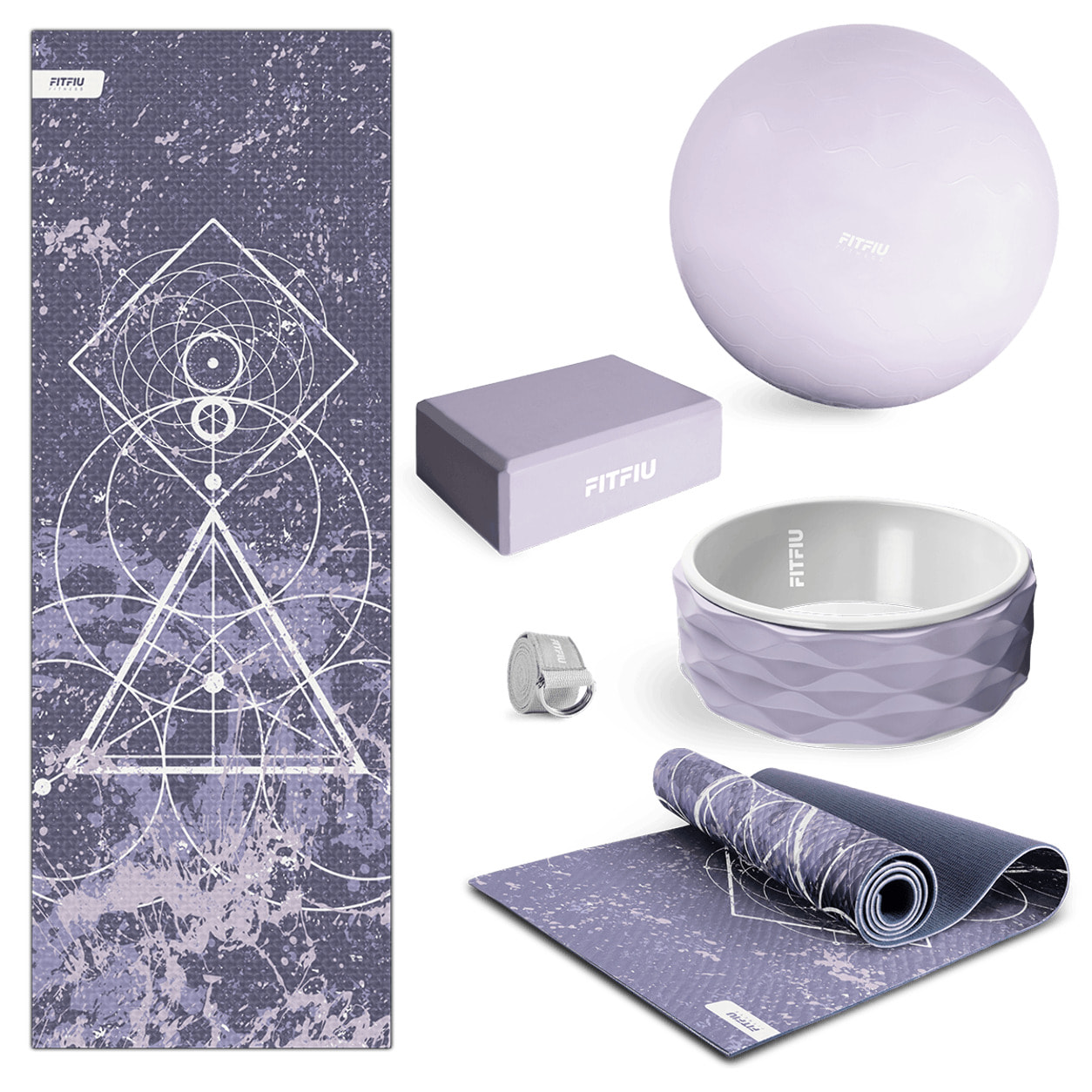 Pack accesorios yoga lila FITFIU esterilla, bloque, bola, rueda correa