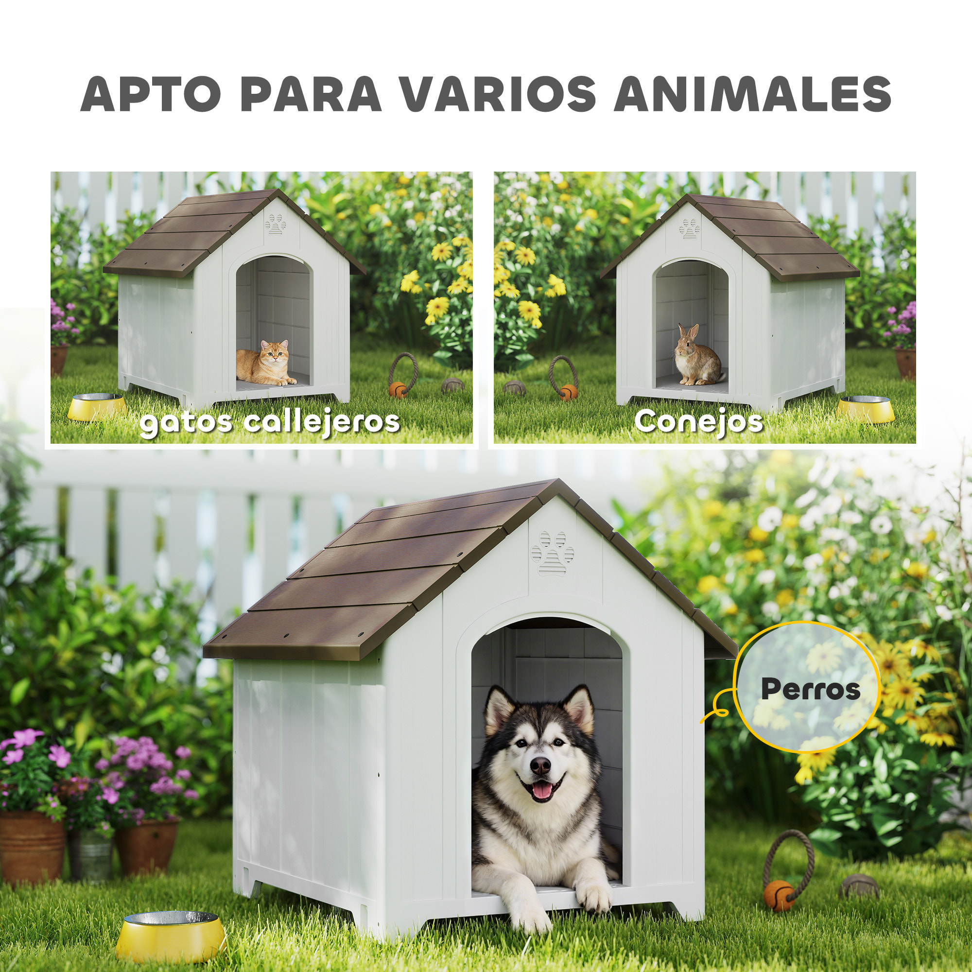 Caseta para Perros Exterior, Casa para Perros Extragrandes de Plástico Impermeable con 2 Ventanas, Base Elevada, Estacas, Fácil de Montar, 102x94x103 cm, Marrón Oscuro