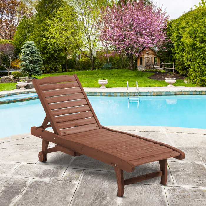 Tumbona de Madera Exterior Silla Reclinable de Jardín con 2 Ruedas Respaldo Ajustable en 3 Niveles y 1 Bandeja Carga 113 kg para Terraza Patio Natural