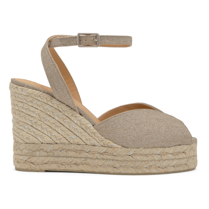Sandalias de cuña de mujer Blossom en lino metalizado con cierre de pulsera
