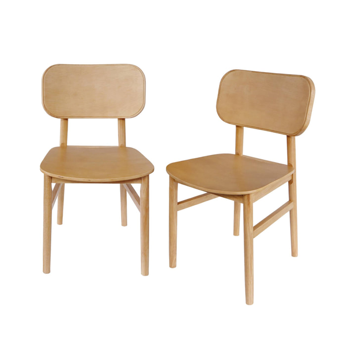 Lot de 2 chaises en bois d'hévéa. forme courbée. finition brossée