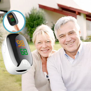 Pulsossimetro digitale con monitoraggio della frequenza cardiaca e dell'ossigeno nel sangue.
