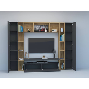 Parete attrezzata Gilberto, Set salotto porta TV a 3 ante, Mobile soggiorno multiuso, 100% Made in Italy, cm 270x35h210, Antracite e Rovere