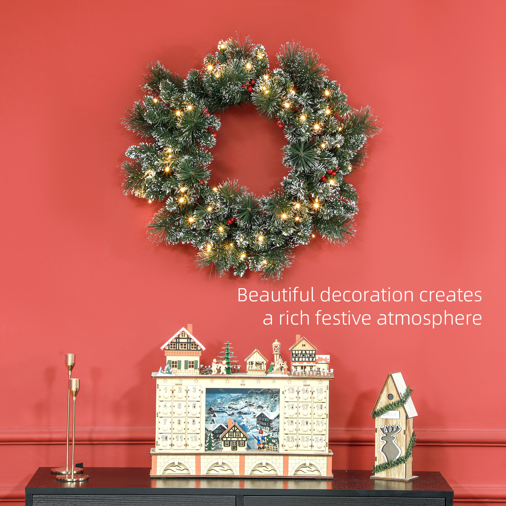 Couronne de Noël artificielle LED 60 cm - pommes de pin, baies rouges, 50 LED blanc - effet enneigé