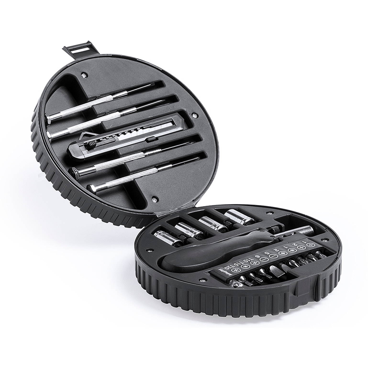 Set de herramientas Wheels, con 20 accesorios en estuche resistente con diseño de rueda.