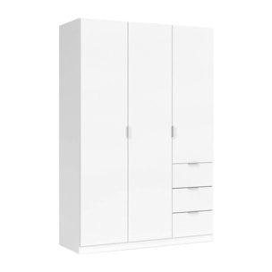 Guardaroba Fullerton, Armadio per camera da letto a 3 ante e 3 cassetti, Mobile con 3 ripiani e barra appendiabiti, cm 135x52h200, Bianco