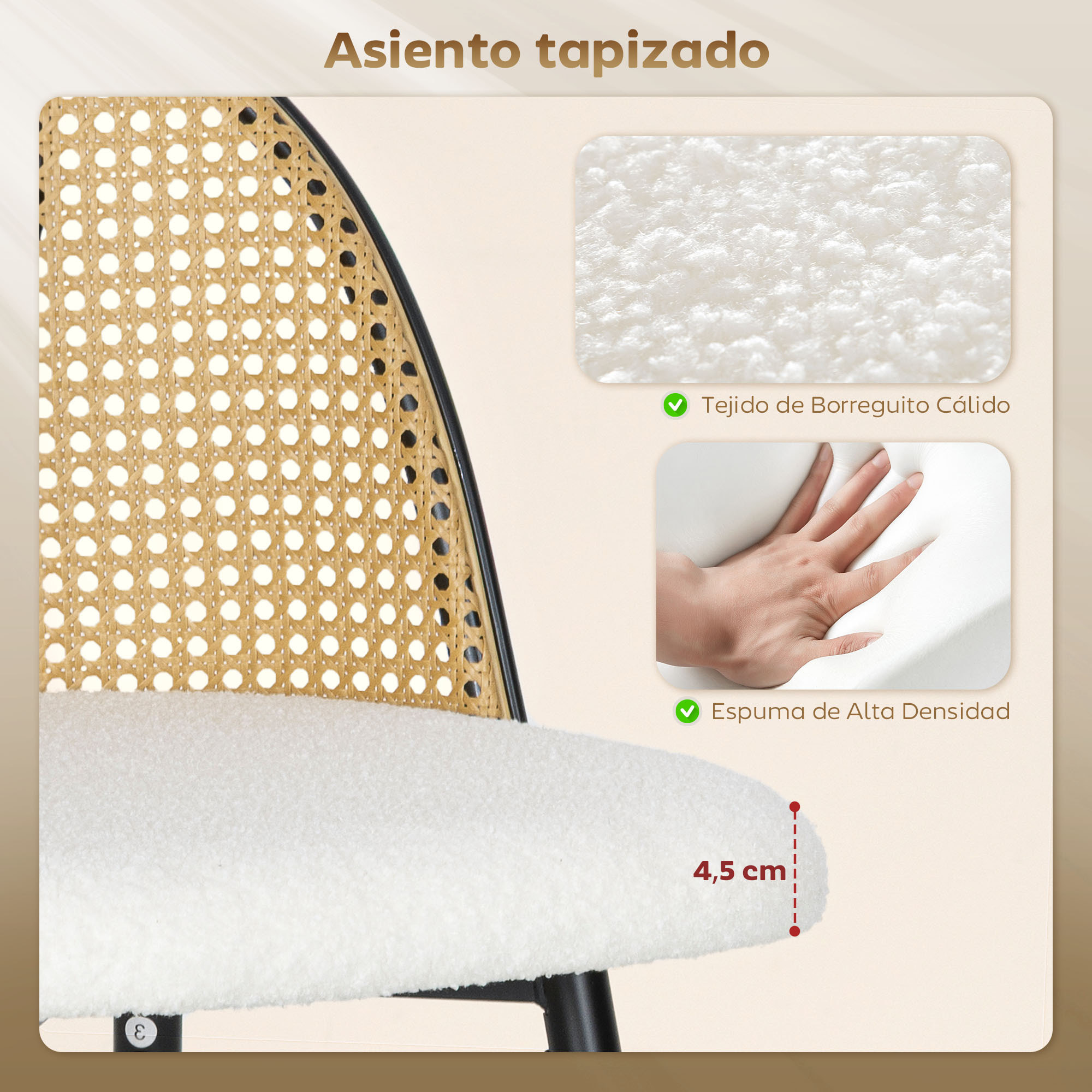 Juego de 2 Taburetes de Bar, Taburetes Altos de Cocina con Respaldo de Ratán, Asiento Tapizado en Borreguito, Marco de Acero y Reposapiés para Comedor, Mostrador, Blanco Crema