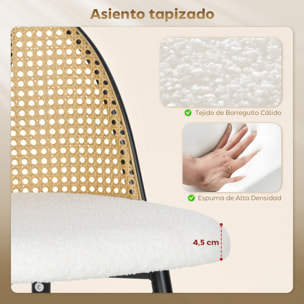 Juego de 2 Taburetes de Bar, Taburetes Altos de Cocina con Respaldo de Ratán, Asiento Tapizado en Borreguito, Marco de Acero y Reposapiés para Comedor, Mostrador, Blanco Crema