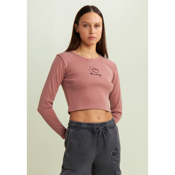 T-shirt cropped da donna a manica lunga con ricami Disney