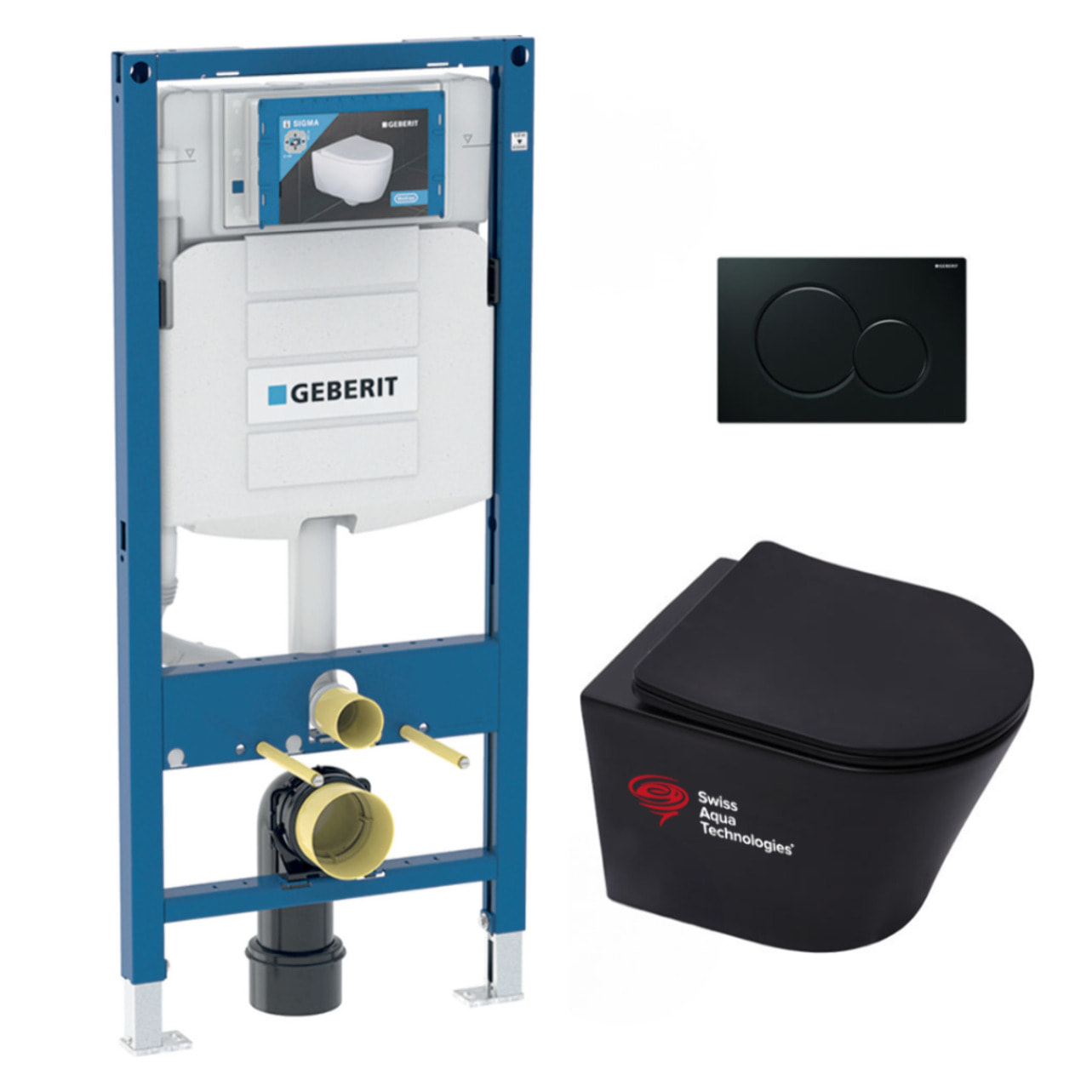 Pack WC Bati-support Geberit + WC Swiss Aqua Technologies Infinitio sans bride + Abattant softclose + Plaque noire