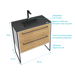 Meuble de salle de bain 80x50 cm + 2 tiroirs chêne naturel + vasque résine noir effet pierre