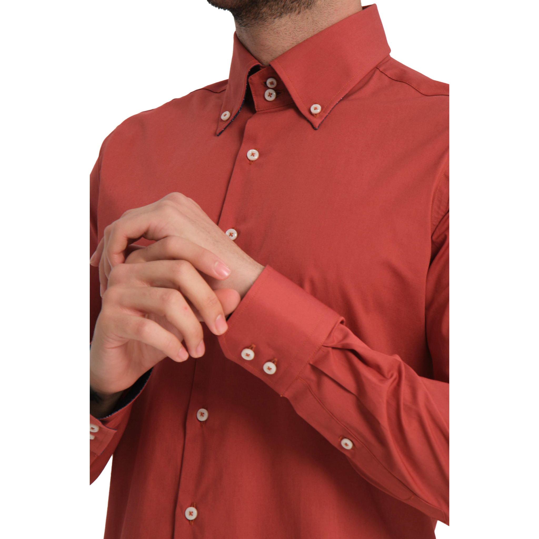 Camicia Uomo 2 Bottoni Button Down Slim Popeline Stretch Unito Rosso Mattone