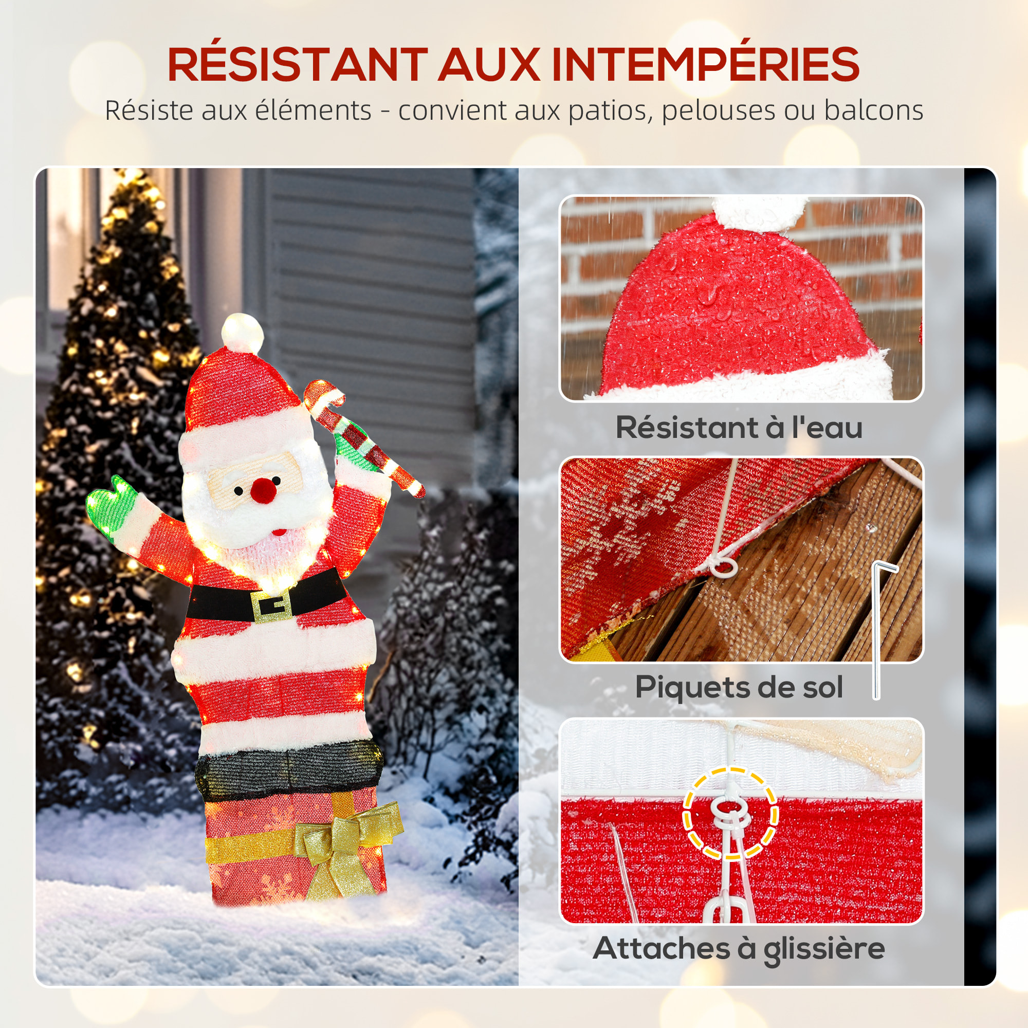 Père Noël lumineux H.93cm - 97 LEDs blanc chaud - décoration de Noël extérieure norme IP44