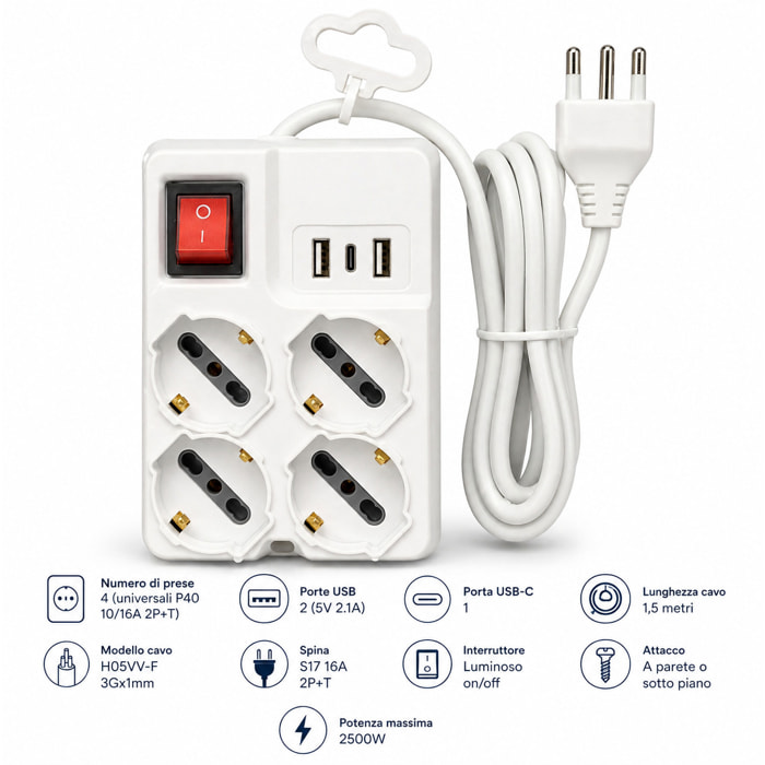 OMEGA Multipresa 4 Prese Universali P40 + 2 USB + 1 USB-C 2500W Cavo 1.5m