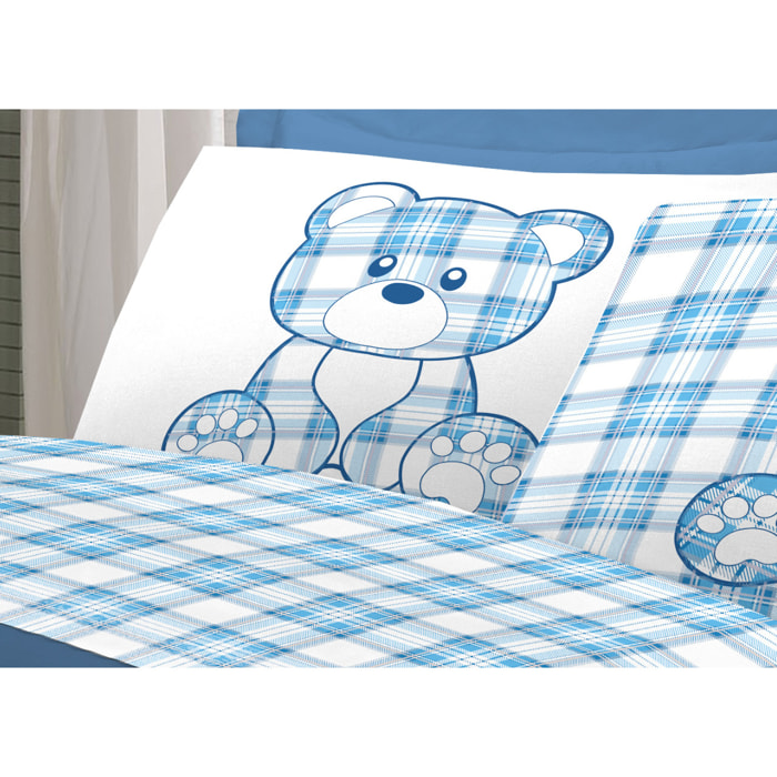 Completo Lenzuola In 100% Cotone Orsetto Tartan Primavera
