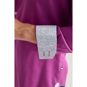 Camicia Uomo 2 Bottoni Button Down Slim Satin Unito Viola Ciclamino