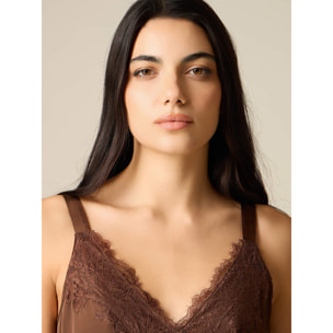 Oltre - Vestido de raso con detalle de encaje - Marrón