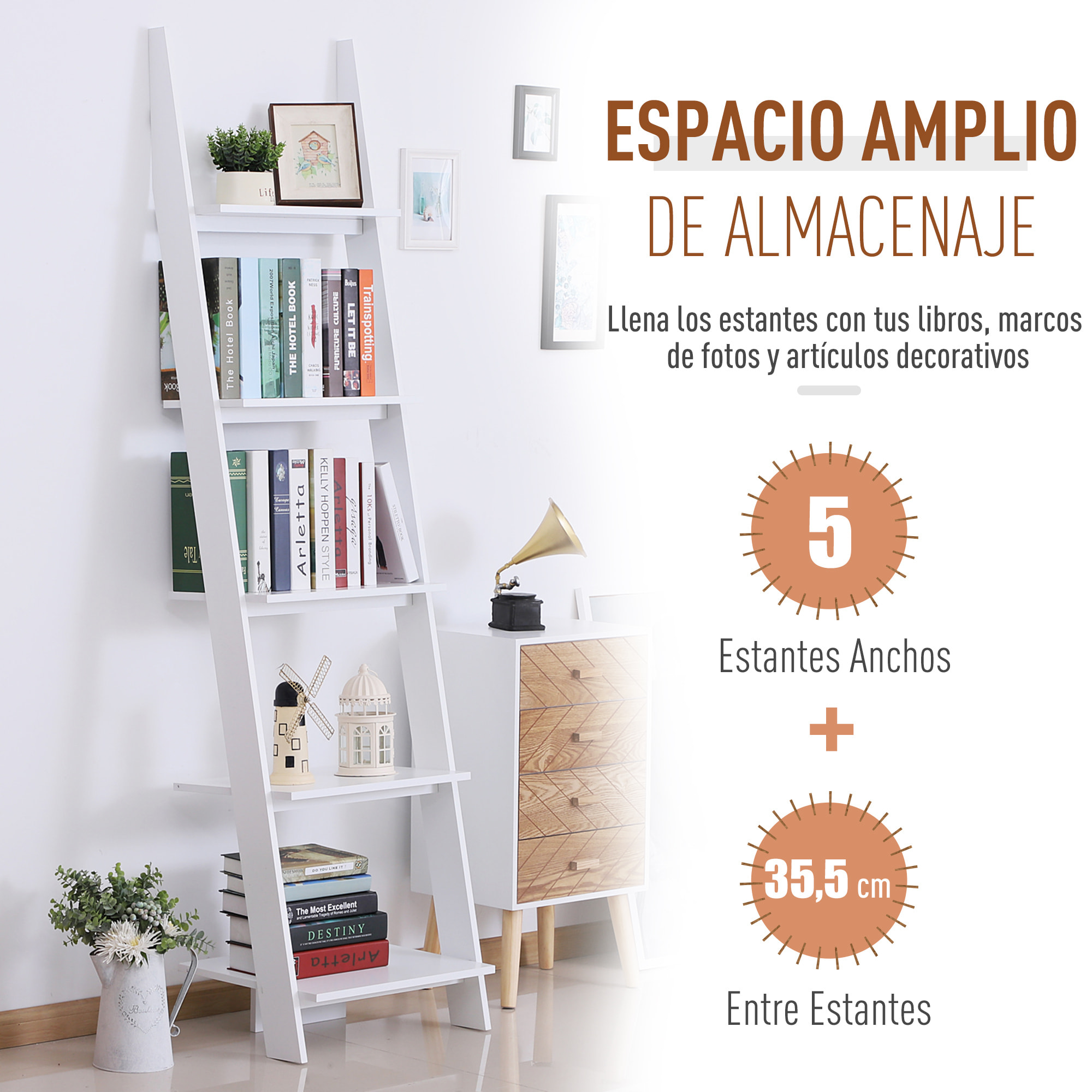 Estantería de Escalera con 5 Estantes de Pared de MDF Blanco