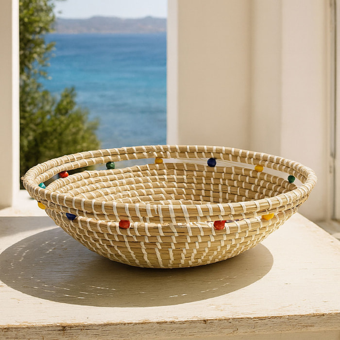 Corbeille ronde en jonc de mer et perles de bois 37cm MILOS