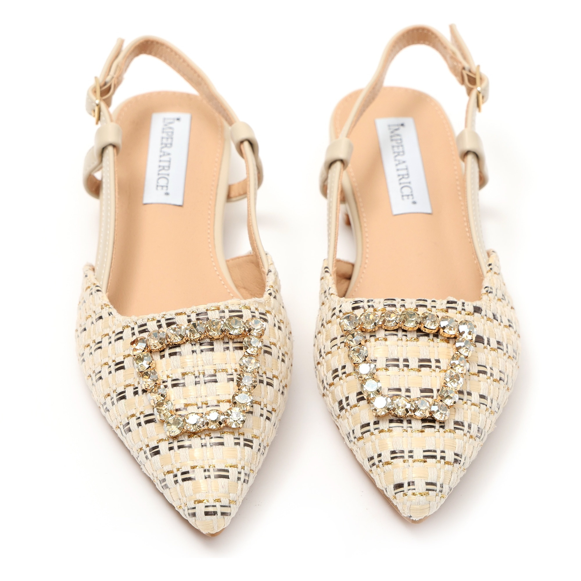 Ballerine slingback in tweed e simil pelle con applicazione gioiello