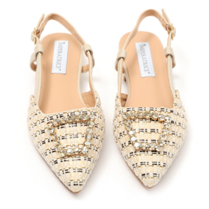 Ballerine slingback in tweed e simil pelle con applicazione gioiello