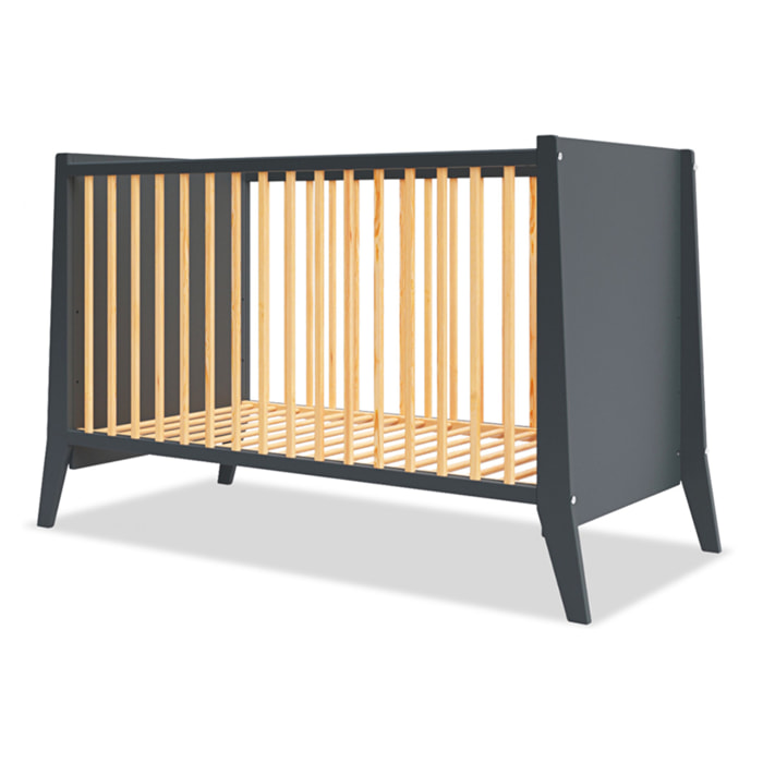 Lit Evolutif Timéo à barreaux 60 x 120 cm, Gris & Bois, En Bois, 3 Hauteurs, Barreaux amovibles