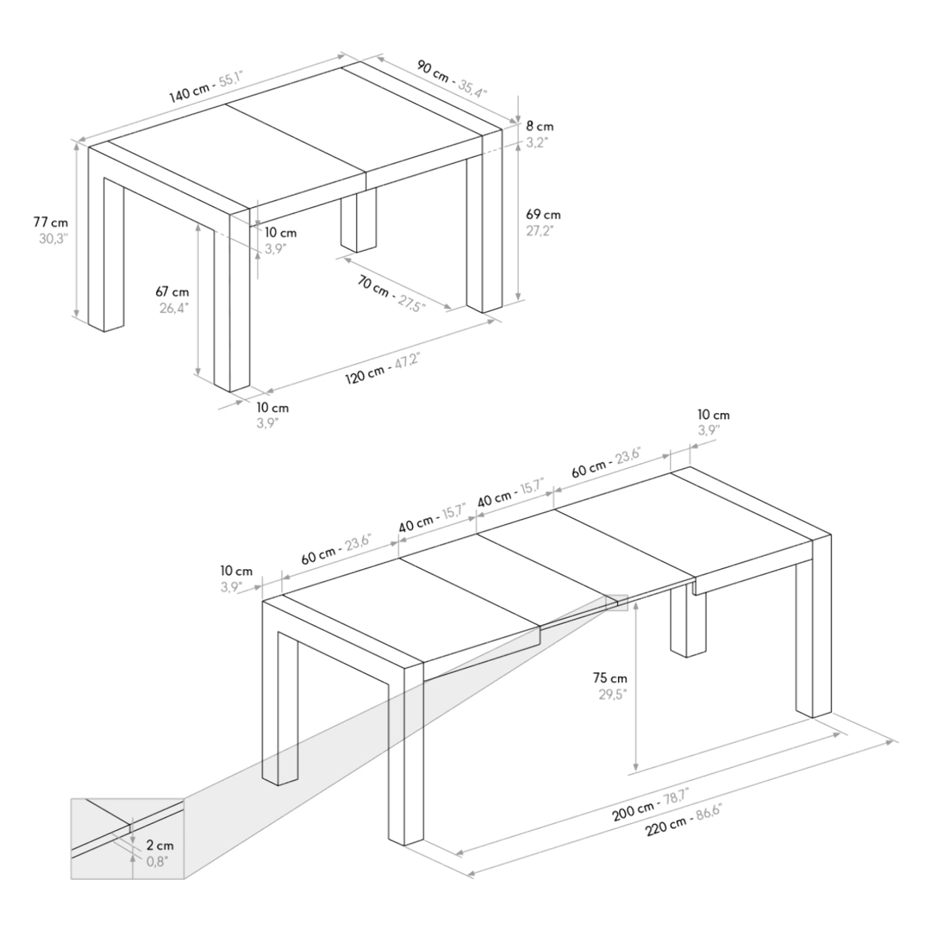 Tavolo MARZAMEMI in legno, finitura bianco frassinato, allungabile 140x90 cm - 220x90 cm