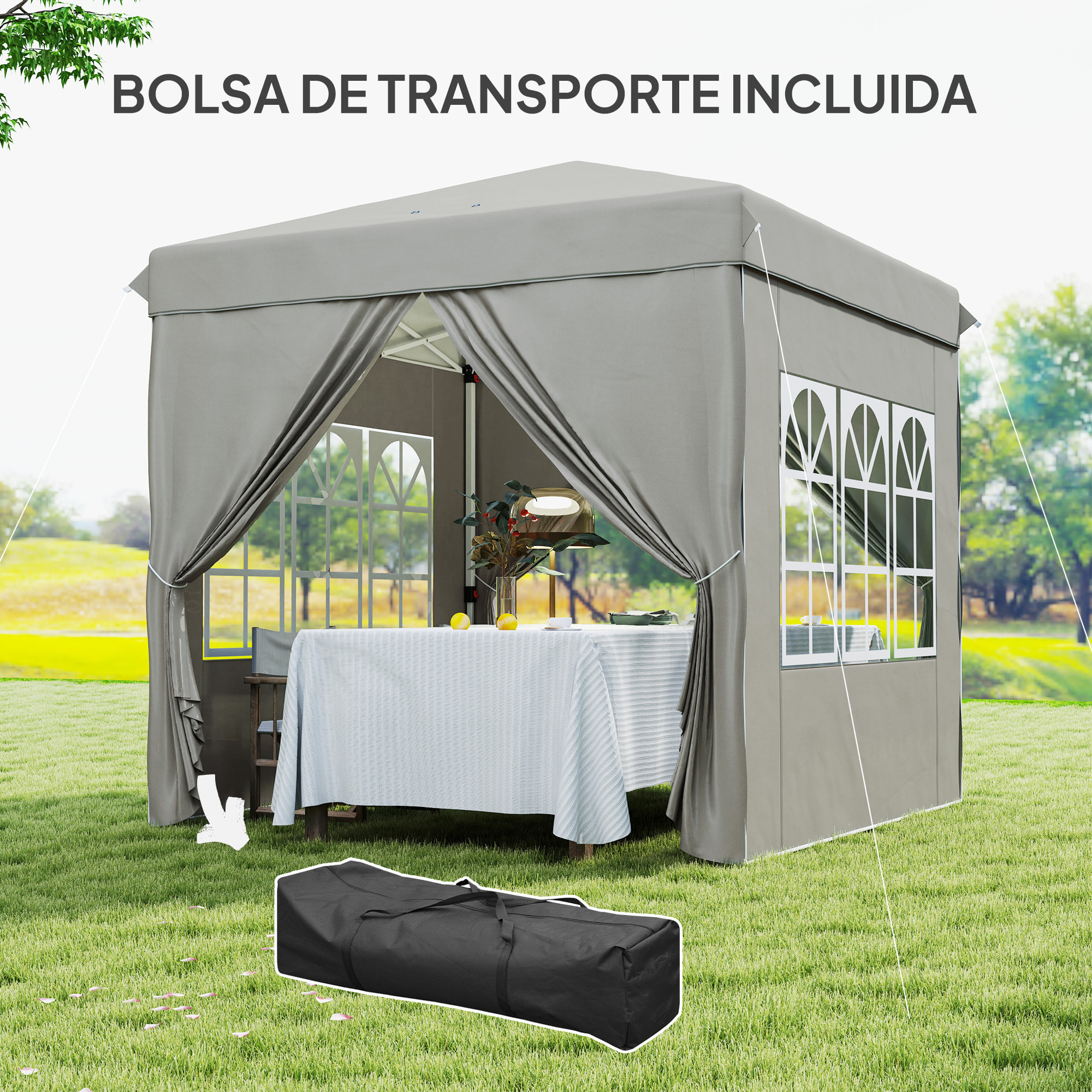 Carpa Plegable 2,5x2,5 m, Pop-up, Cenador Pabellón de Jardín con Altura Ajustable 3 Niveles, 4 Paredes Laterales, Ventanas y Bolsa Transporte, UPF50+, Impermeable para Fiestas, Exterior, Gris