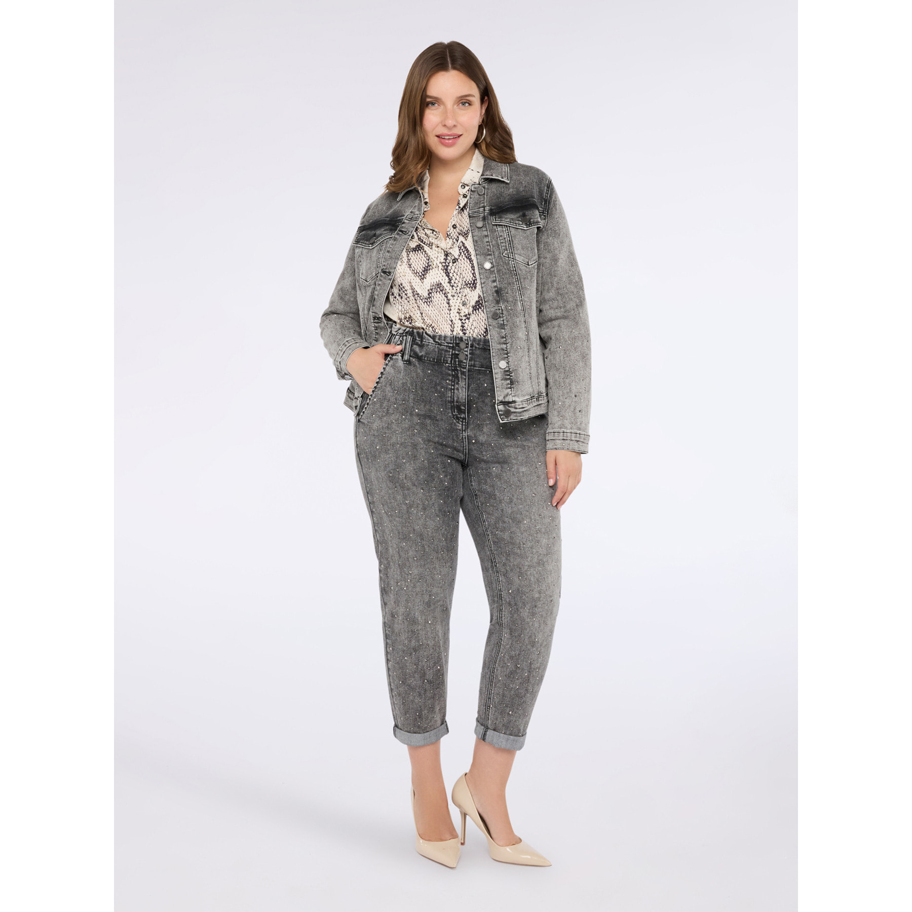 Fiorella Rubino - Jeans balloon efecto usado con aplicaciones luminosas - Gris