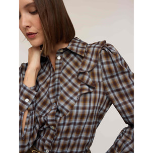 Motivi - Camicia a fantasia check con volant - Marrone